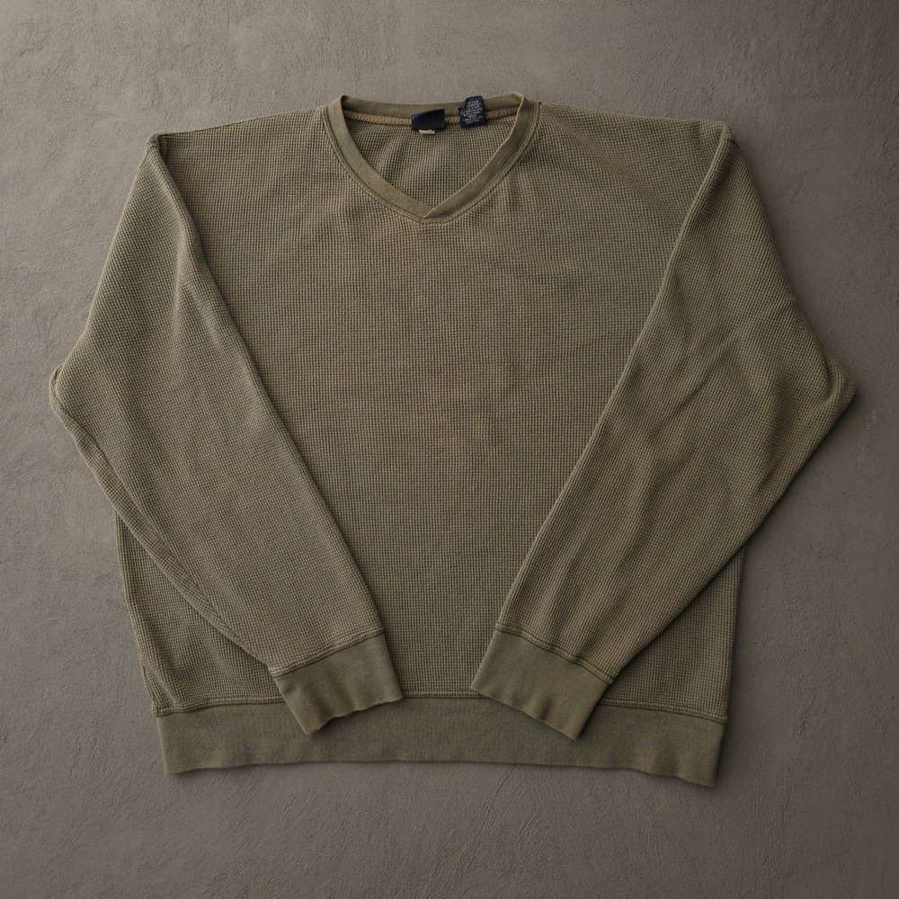 Vintage 2000s GAP V-Neck Waffle Knit Thermal Pullover Sweater L Olive Green GAP